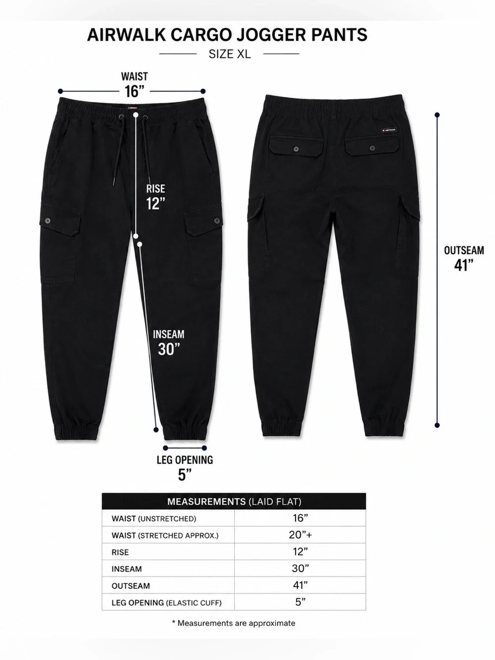 Airwalk Black Cargo Drawstring Jogger Pants Mens Stretch Utility Streetwear XL